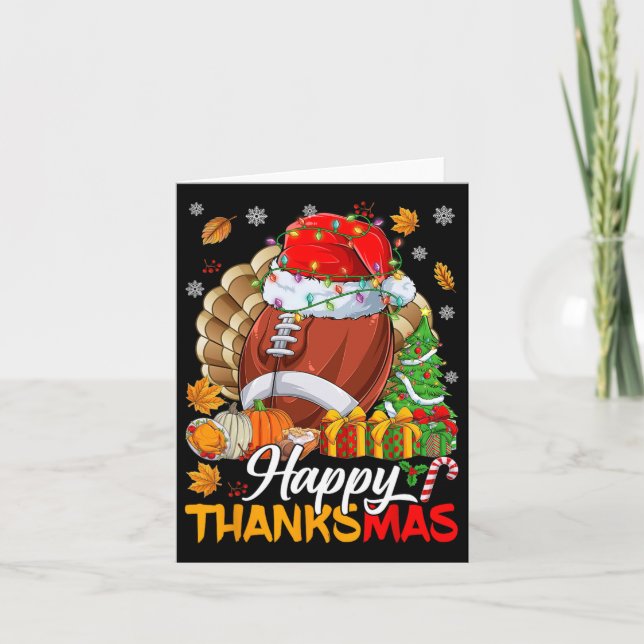 Merry Thanksmas Football Santa Hat Thanksgiving Ch Card (Front)