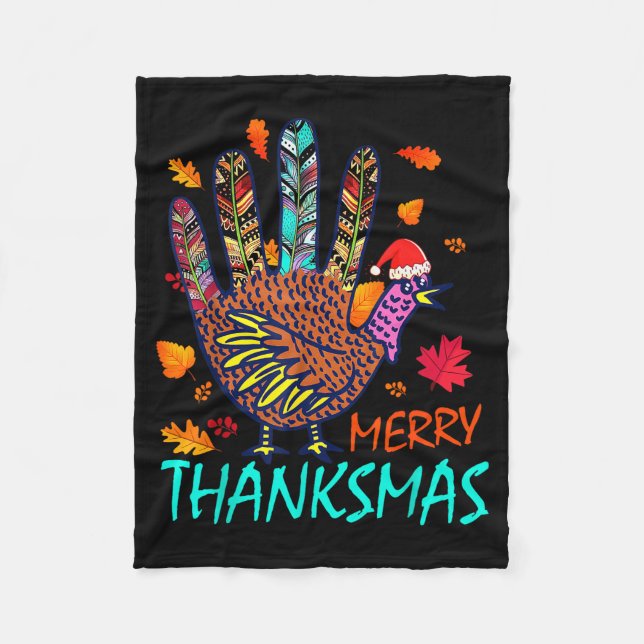 Merry Thanksmas Happy Thanksgiving Christmas Turke Fleece Blanket (Front)