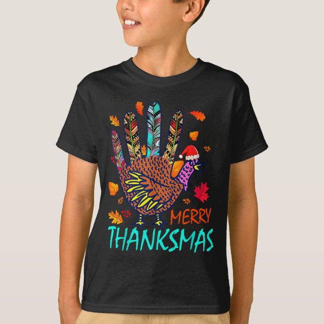 Merry Thanksmas Happy Thanksgiving Christmas Turke T-Shirt (Front)