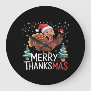 Merry Thanksmas Happy Thanksgiving Santa Turkey Es Large Clock