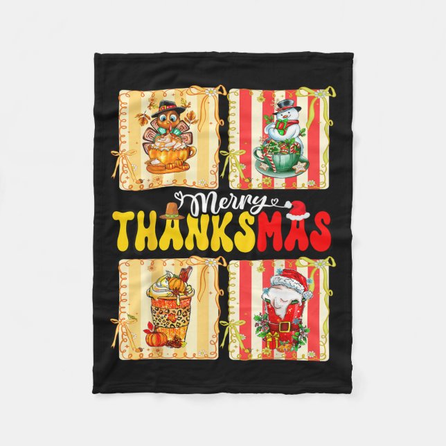 Merry Thanksmas Pumpkin Sce Latte Coffee Thanksgiv Fleece Blanket (Front)