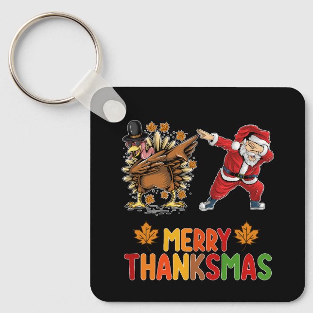Merry Thanksmas Thanksgiving Fall Christmas Season Key Ring (Front)