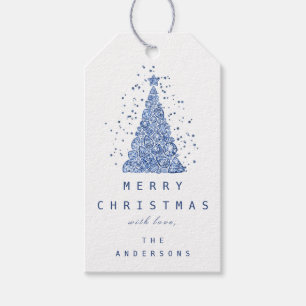 Merry To Name Holiday Blue Diamond Christmas Tree Gift Tags