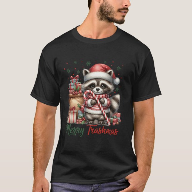 Merry Trashmas Cute Santa Raccoon Lover Candy Cane T-Shirt (Front)