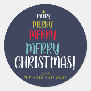 Merry Tree Navy Typographic Personalised Holiday Classic Round Sticker