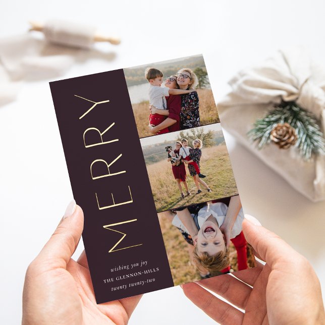 Merry Trio | Modern 3 Photo Collage Foil Holiday Card (Creator Uploaded)