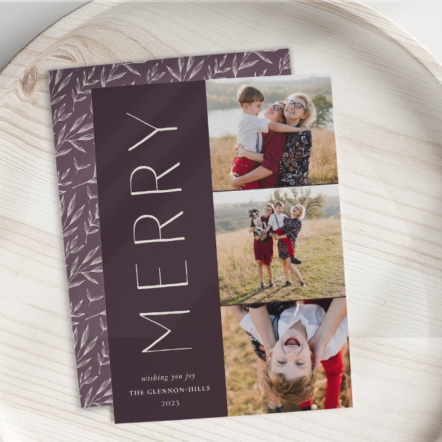 Merry Trio | Modern 3 Photo Collage Holiday Card (Creator Uploaded)