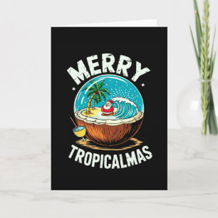 Merry Tropicalmas Surfing Santa Snow Globe Coconut Card