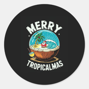 Merry Tropicalmas Surfing Santa Snow Globe Coconut Classic Round Sticker