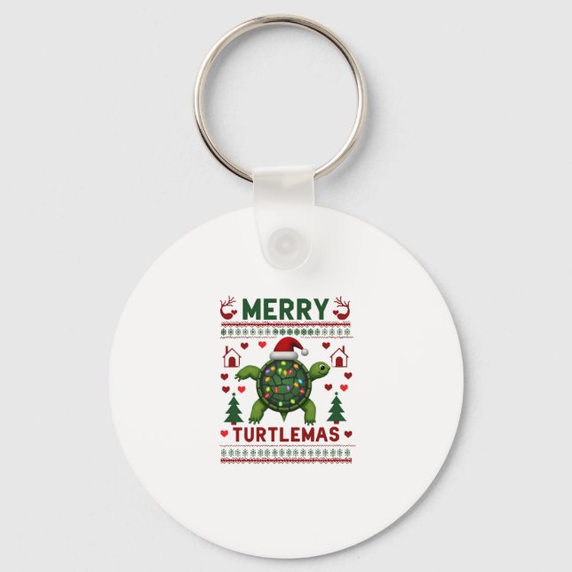 Merry Turtlemas Christmas Lights Cute Turtle Santa Key Ring (Front)