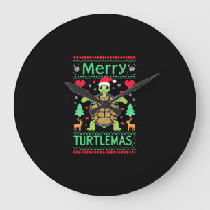 Merry Turtlemas Christmas Lights Cute Turtle Santa Large Clock
