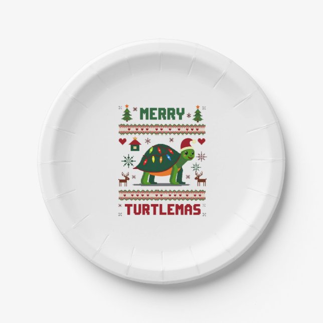 Merry Turtlemas Christmas Lights Cute Turtle Santa Paper Plate (Front)