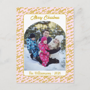 Merry Typography Christmas Family Photo Pink Gold Postcard