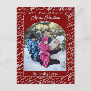 Merry Typography Christmas Family Photo Red Postcard