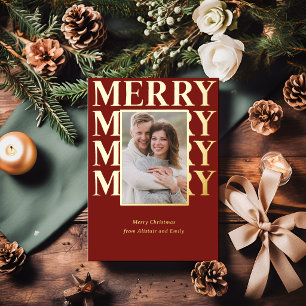 Merry Typography in Gold and Red Photo Foil Holiday Card