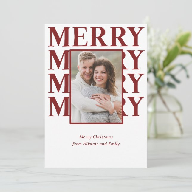 Merry Typography in Ruby Red Photo Holiday Card (Standing Front)