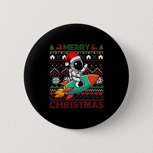Merry Ugly Christmas Santa Hat Astronaut Riding Ro 6 Cm Round Badge (Front)