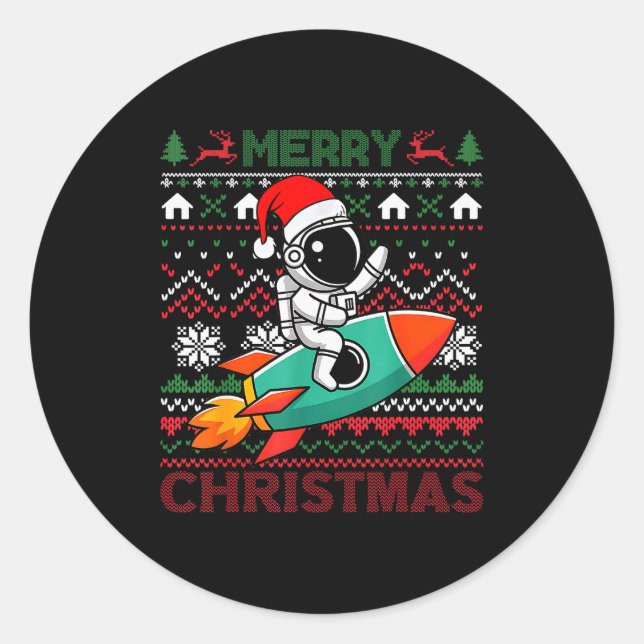 Merry Ugly Christmas Santa Hat Astronaut Riding Ro Classic Round Sticker (Front)