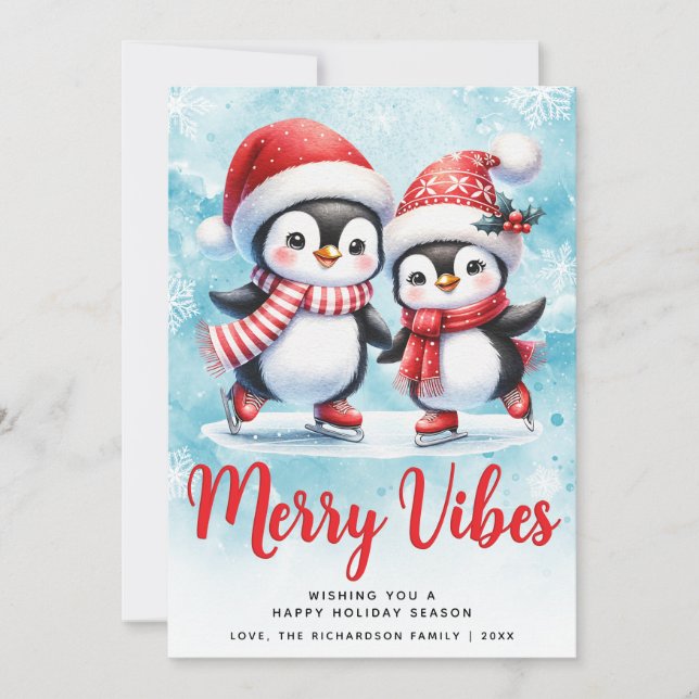 Merry Vibes Cute Penguins Blue Red Christmas Holiday Card (Front)