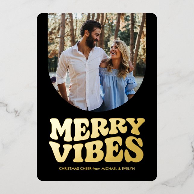 Merry vibes fun retro photo black gold Christmas Foil Holiday Card (Front)