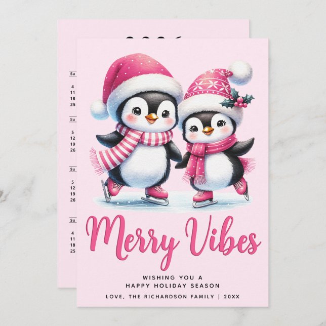 Merry Vibes Ice Skating Penguins Pink Christmas Holiday Card (Front/Back)