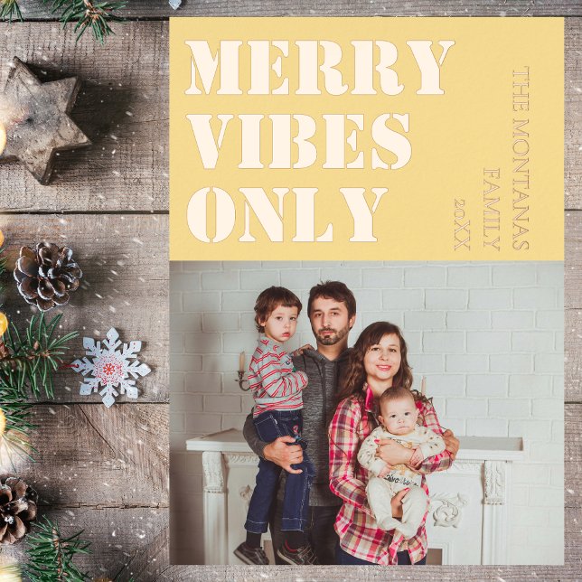 Merry Vibes Only Family Photo Soft Gold Foil Holiday Card (Creator Uploaded)