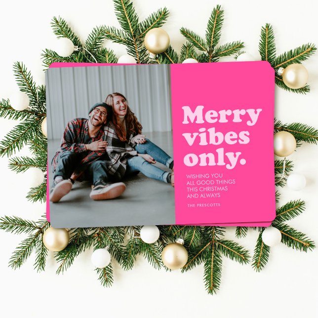 Merry vibes only fun retro hot pink Christmas Holiday Card (Creator Uploaded)