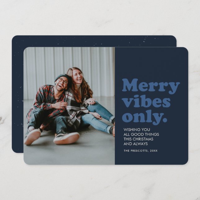 Merry vibes only fun retro navy photo holiday card (Front/Back)