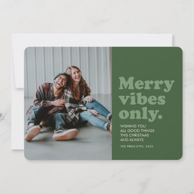 Merry vibes only green retro Christmas photo Holiday Card (Front)