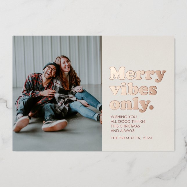 Merry vibes only retro Christmas Foil Holiday Card (Front)