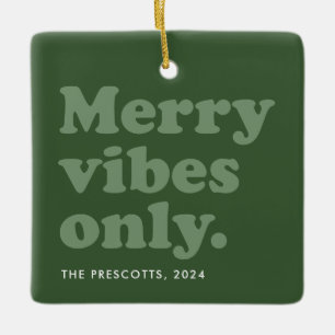 Merry vibes only retro green 2021 holiday photo ceramic ornament
