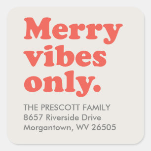 Merry vibes only retro holiday return address square sticker