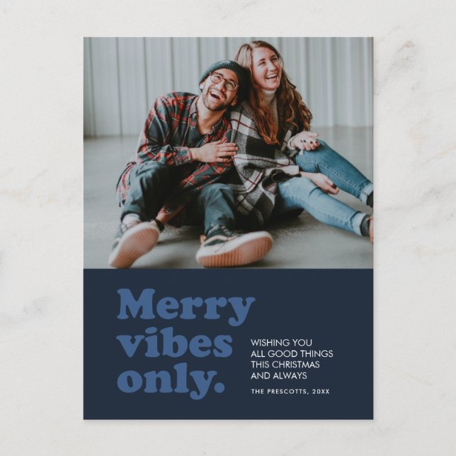 Merry vibes only retro navy blue holiday postcard (Front)