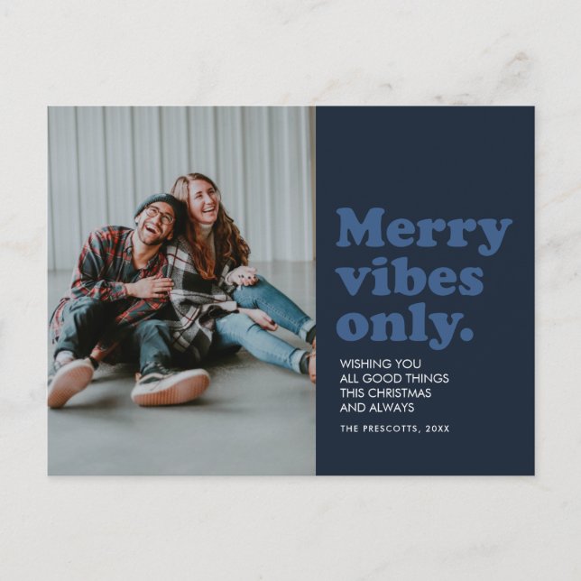 Merry vibes only retro navy blue holiday postcard (Front)