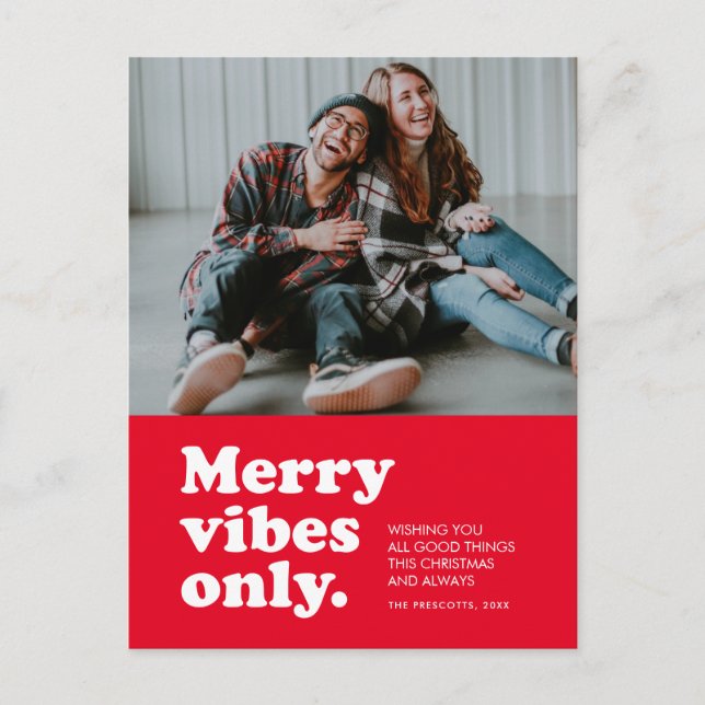 Merry vibes only retro red photo holiday postcard (Front)