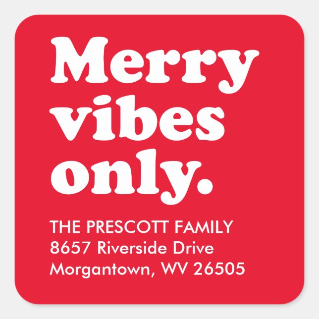 Merry vibes only retro red return address square sticker (Front)