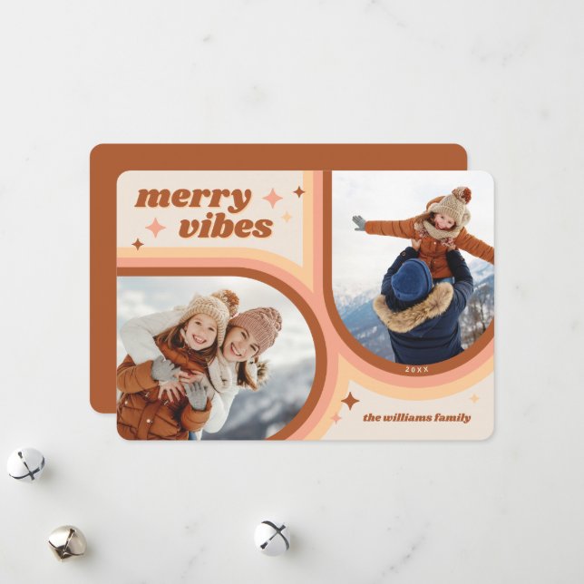 Merry Vibes Retro Arch 2 Photo Holiday Card (Front/Back In Situ)