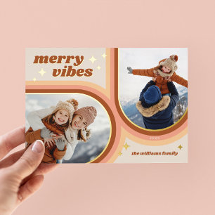 Merry Vibes Retro Arched Photo Gold Foil Holiday Card