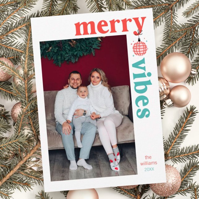 Merry Vibes Retro Family Photo Holiday Card (Creator Uploaded)