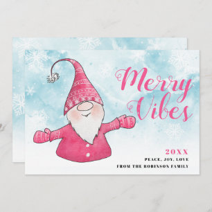 Merry Vibes Snowy Blue Cute Pink Gnome Christmas Holiday Card
