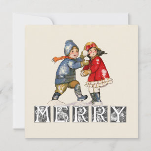 Merry Vintage Snowball Children Christmas Holiday Card