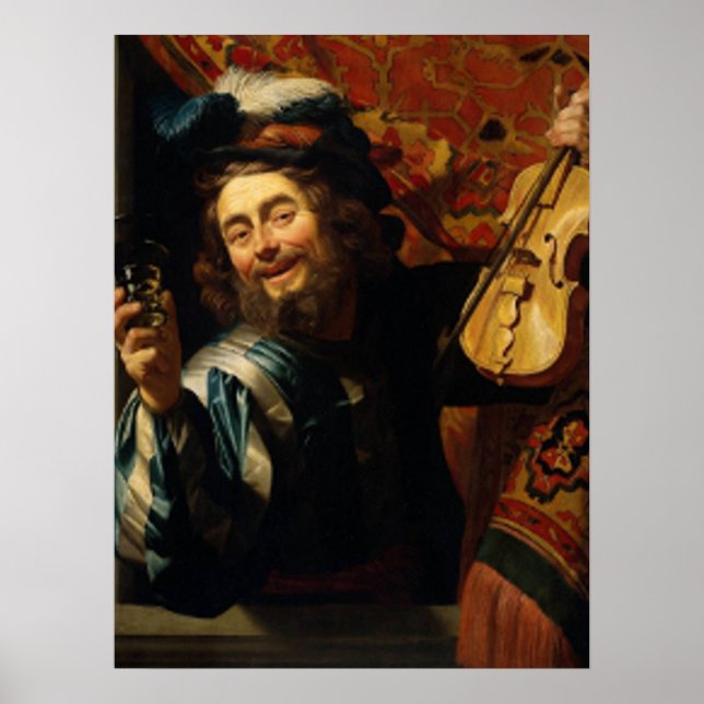 'Merry Violinist with Wine Glass' Poster (Front)
