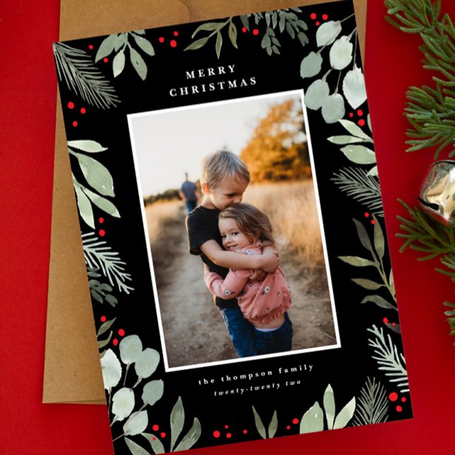 Merry Watercolor 1 Photo Christmas Holiday Card (Creator Uploaded)