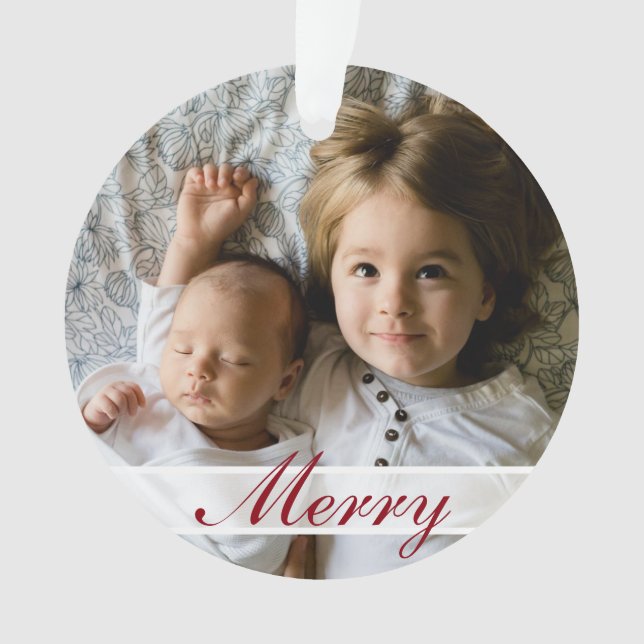 Merry White Ribbon Family Photo & Family Name Ornament (Front)