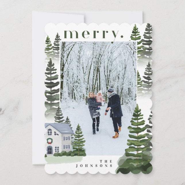 Merry Winter Evergreen Forest  Family Home Photo Holiday Card (Front)