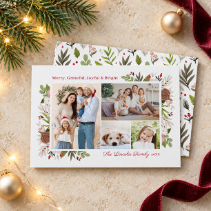 Merry Winter Floral 4 Picture Family Photo Collage Holiday Card