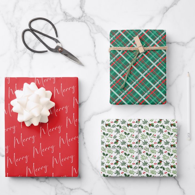 Merry Winter Plaid Botanical Christmas Pattern Wrapping Paper Sheet (Front)