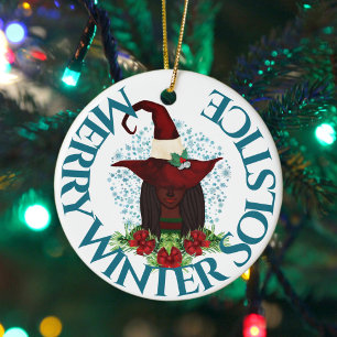 Merry Winter Solstice African American Yule Witch Ceramic Ornament