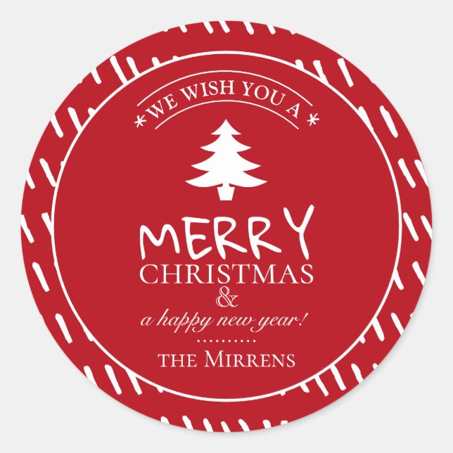Merry Wishes Holiday Red Personalised Classic Round Sticker (Front)