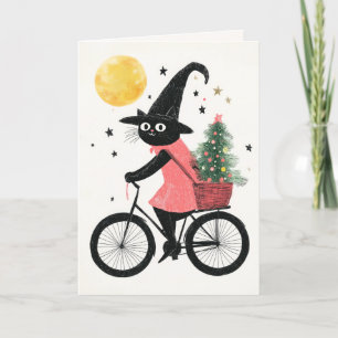 Merry Witchmas Cycling Black Cat Quirky Christmas Card